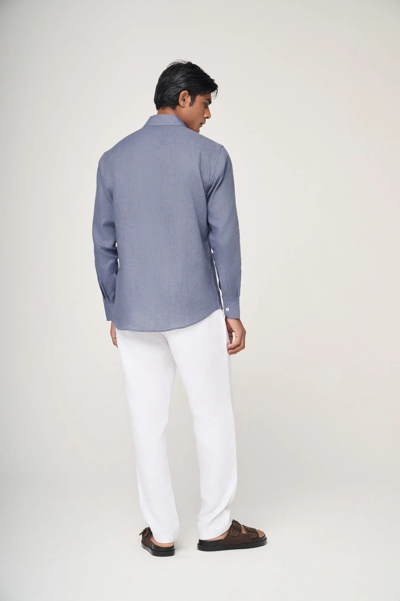back view of slate blue linen shirt