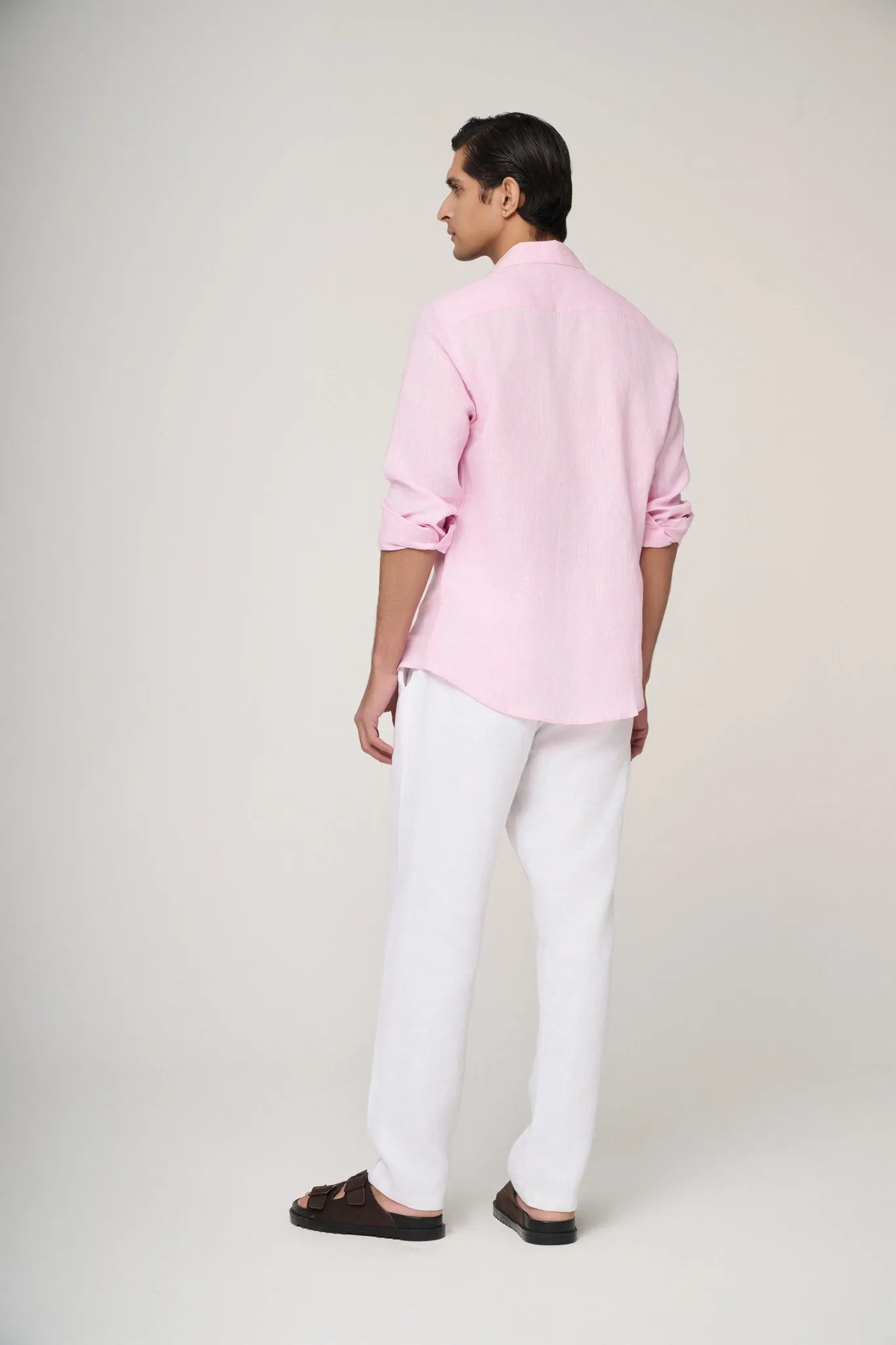 relaxed fit soft pink linen shirt back view