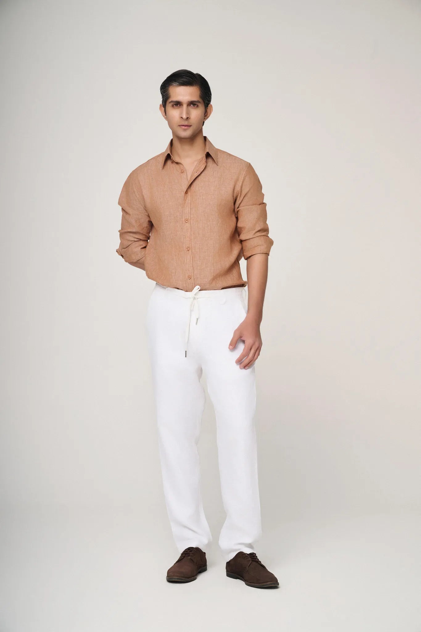 light brown linen shirt front view for summer style