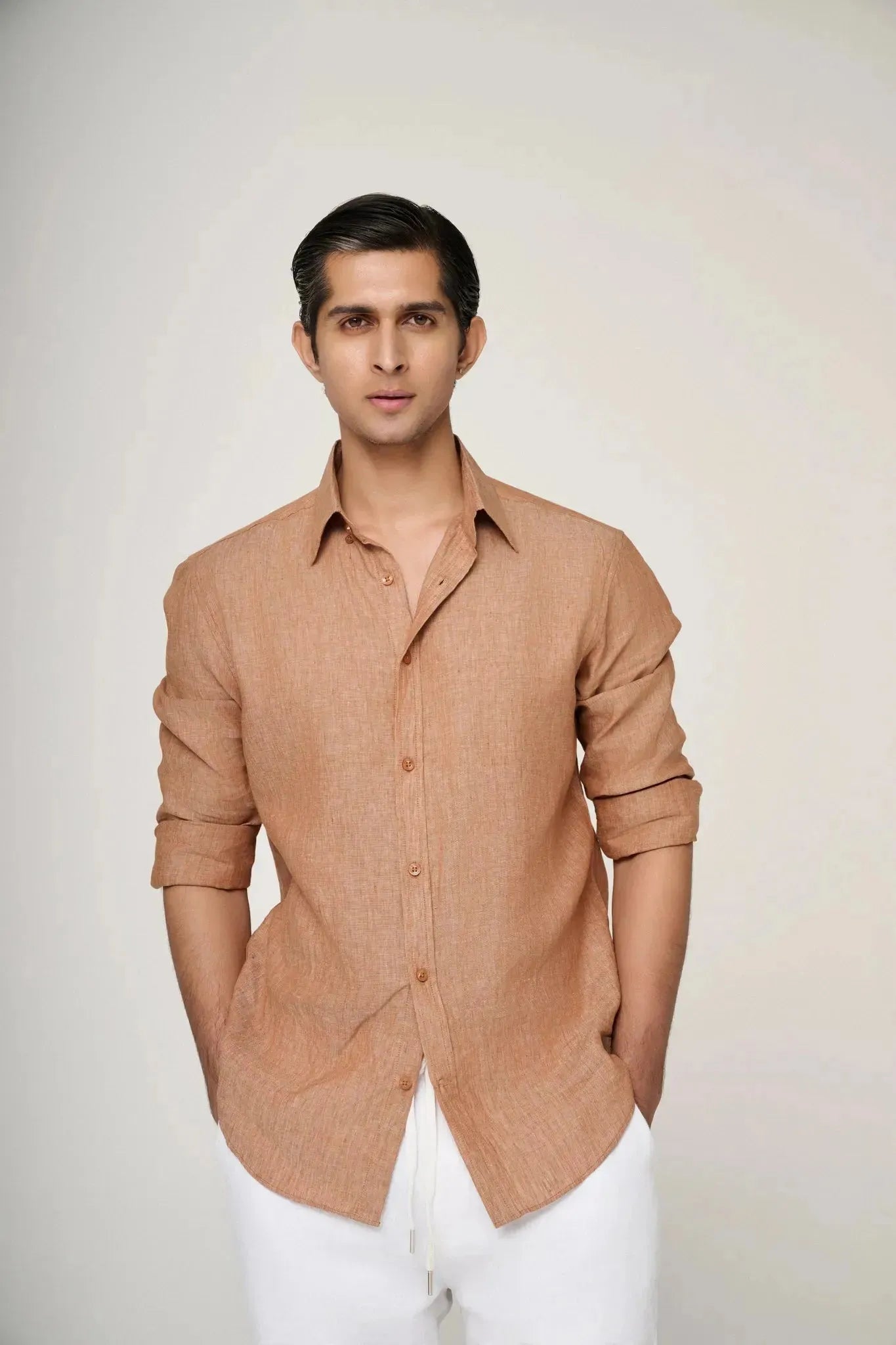 breathable light brown linen shirt close-up