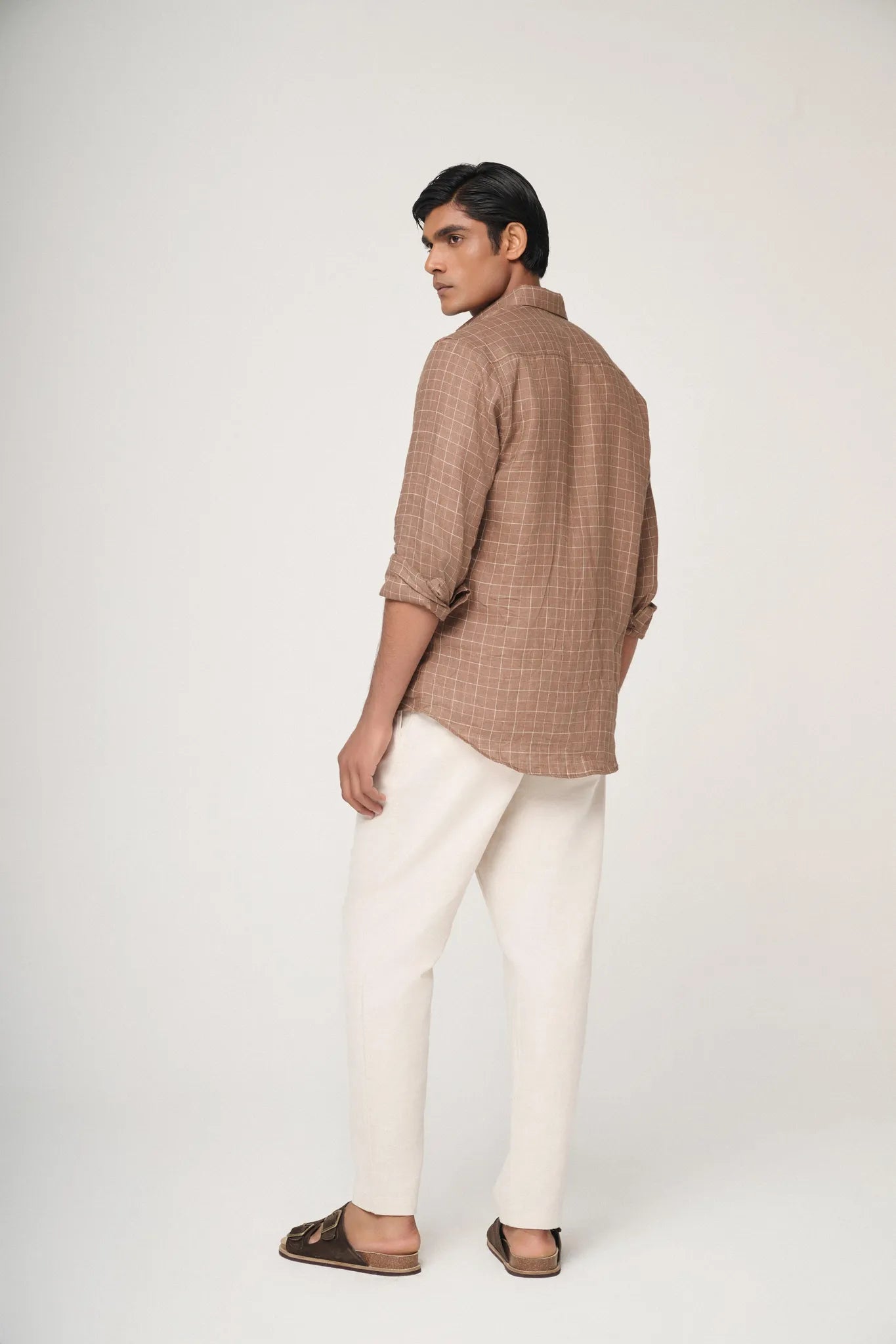 back view of brown check linen shirt