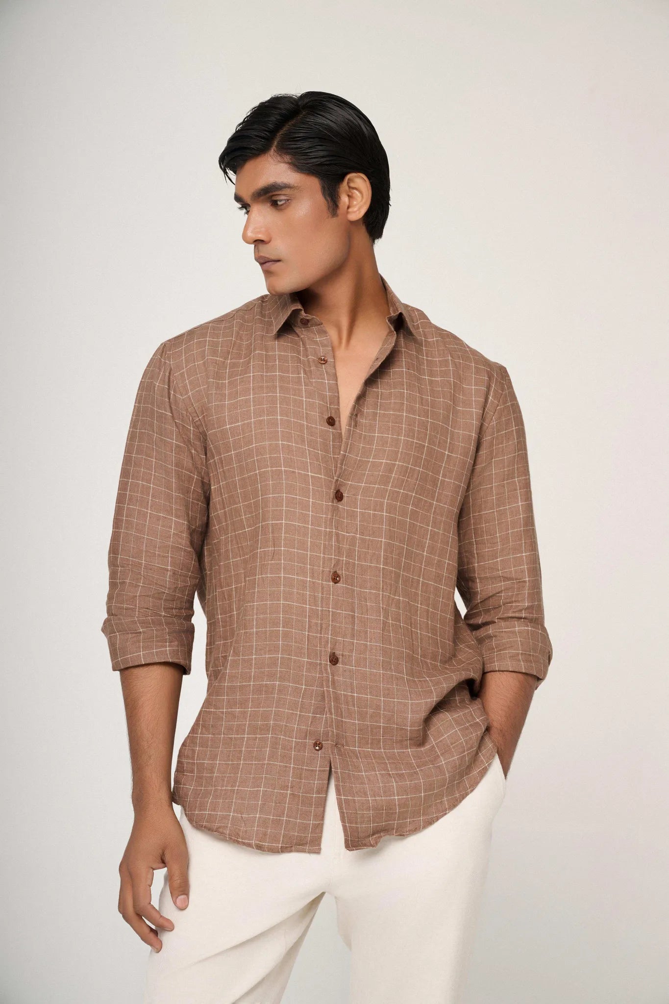 brown check linen shirt with fine pattern detail