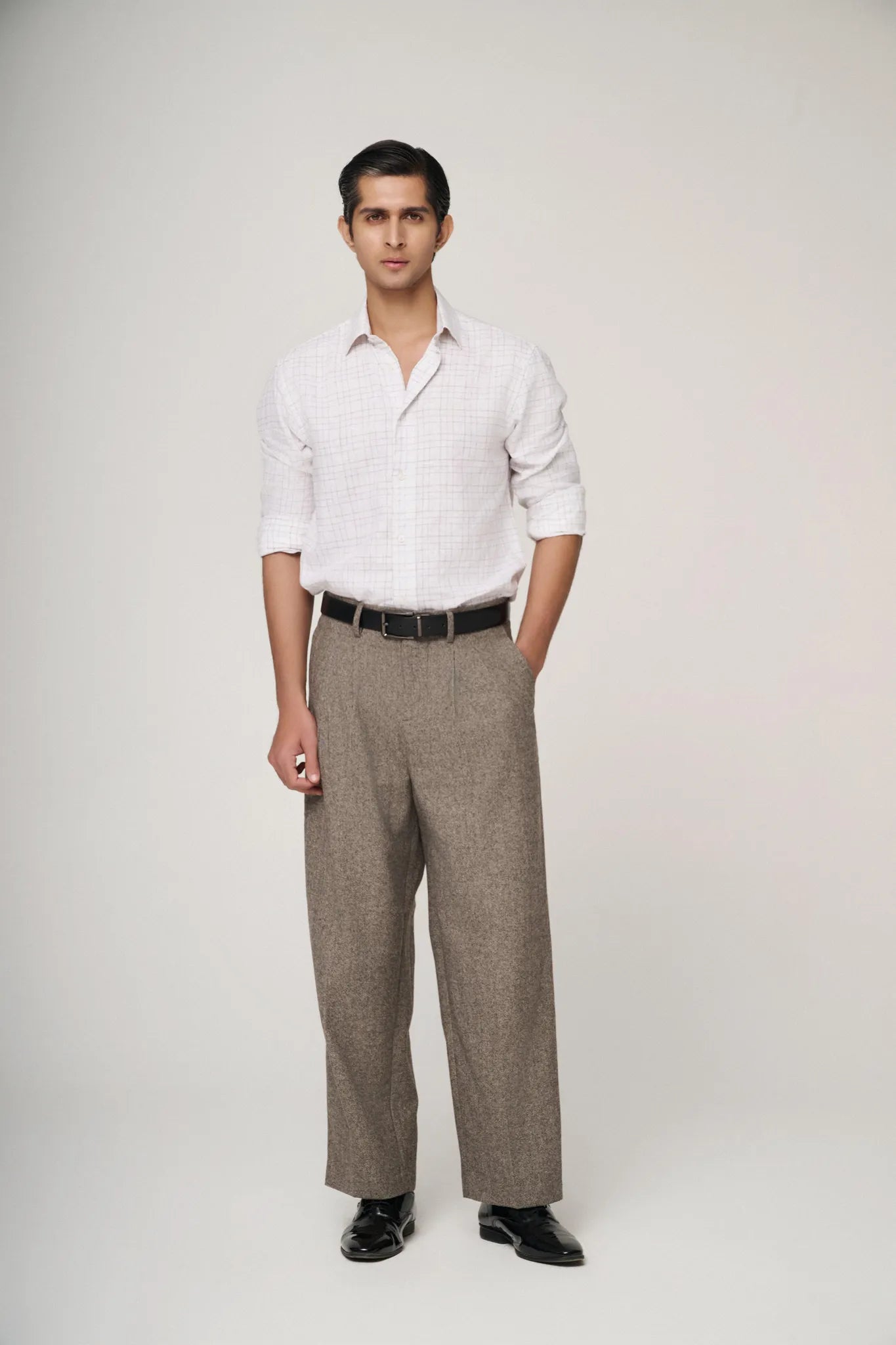 breathable white check linen shirt styled formally
