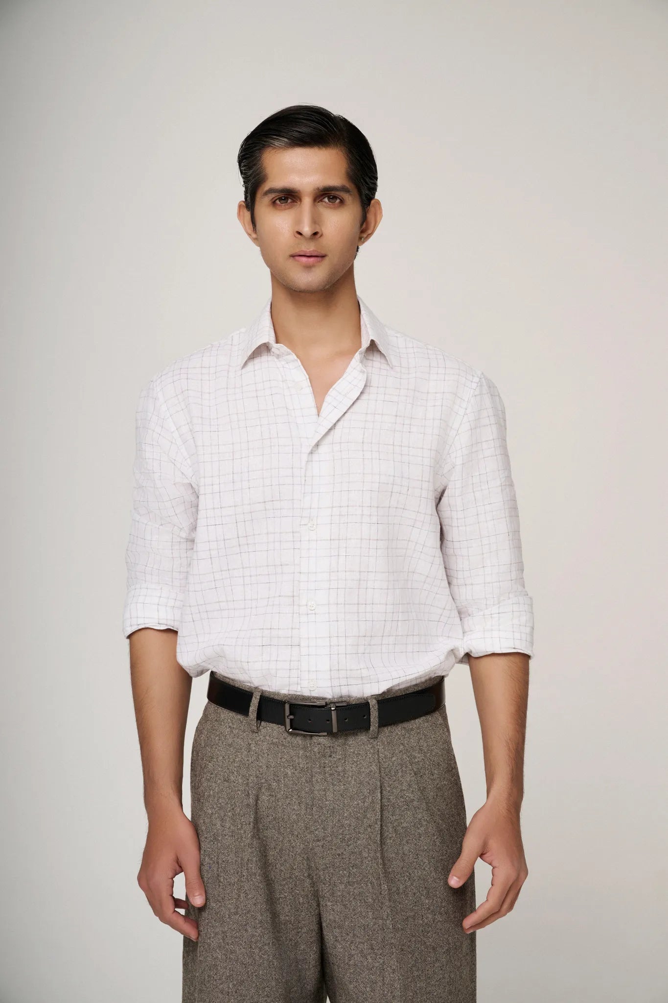 white check linen shirt front view with subtle pattern