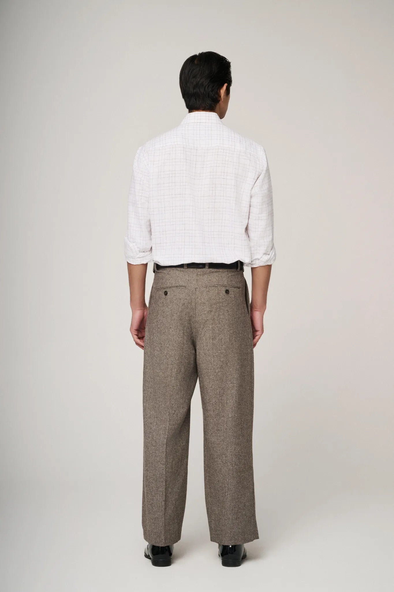 back view of white check linen shirt