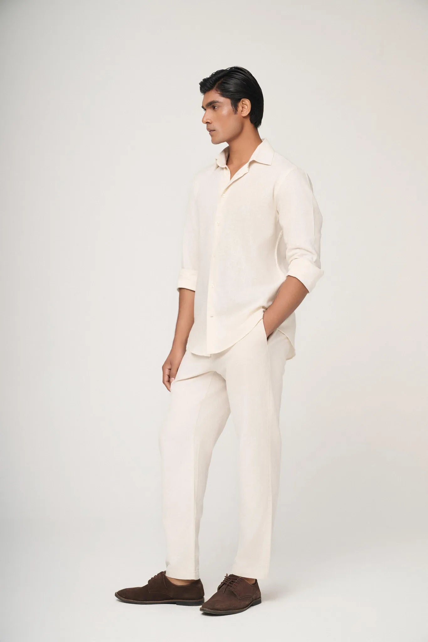 cream linen shirt side view showing slim fit