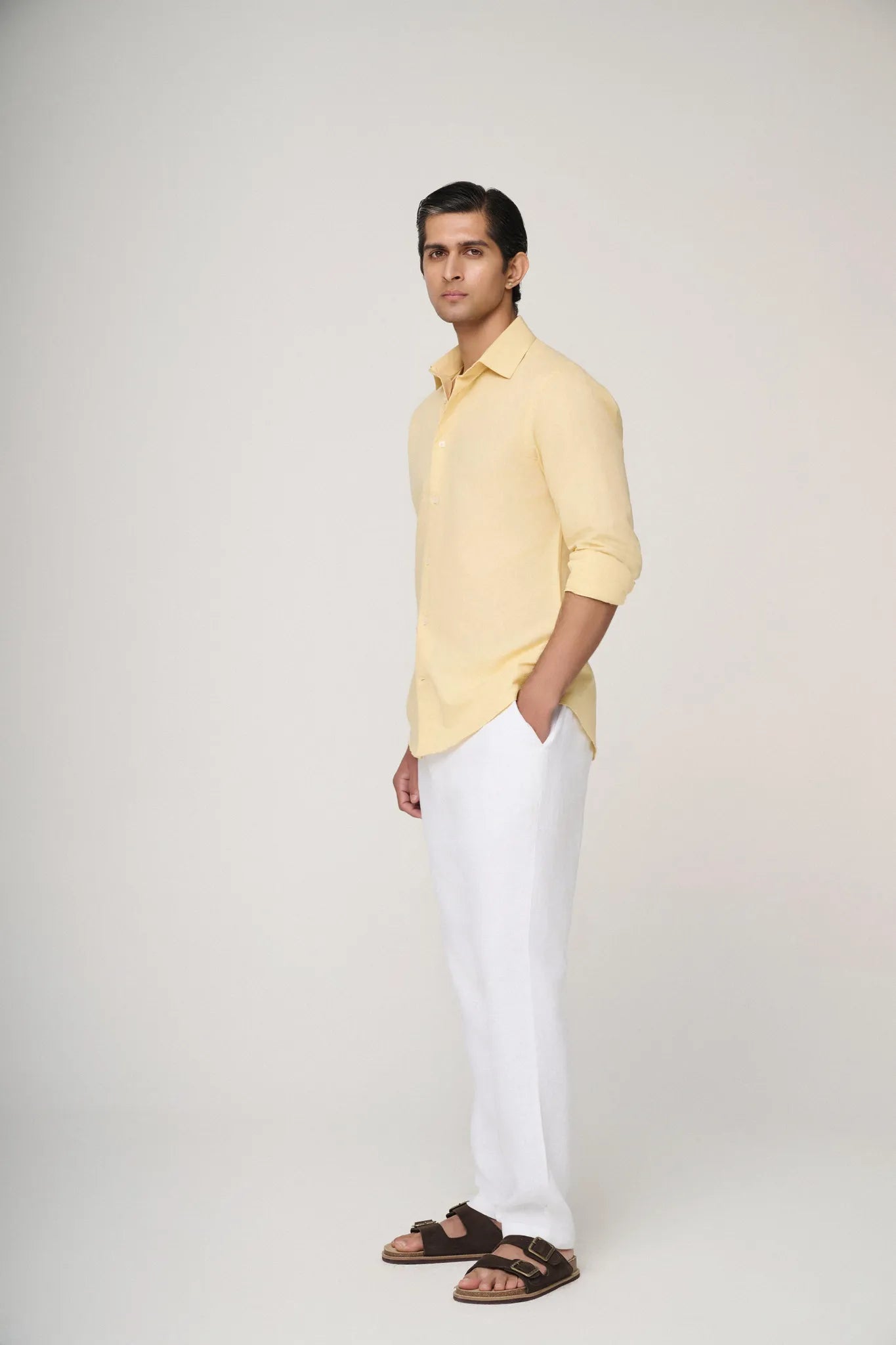 premium yellow linen shirt side view