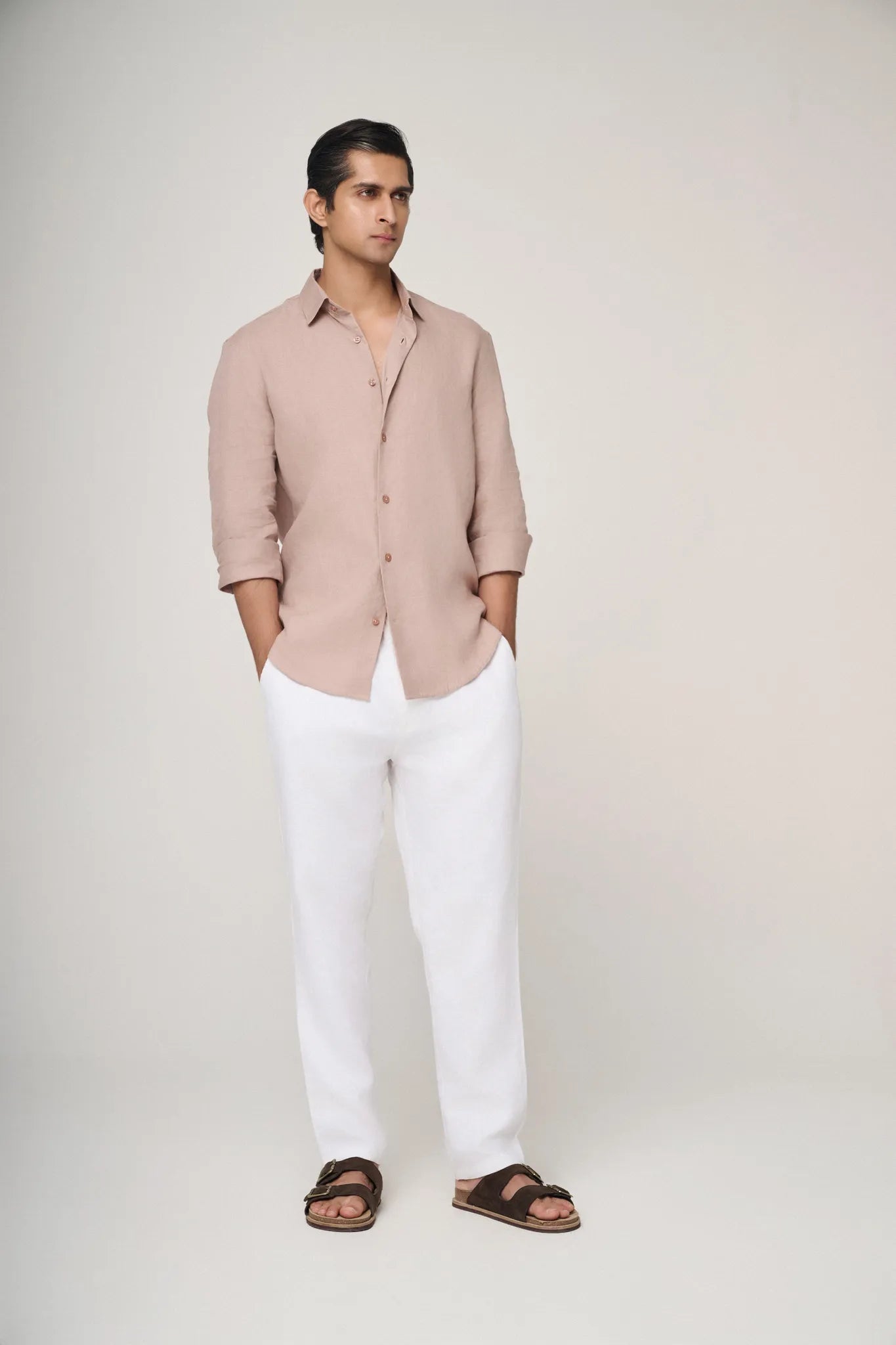 premium camel linen shirt paired with beige chinos