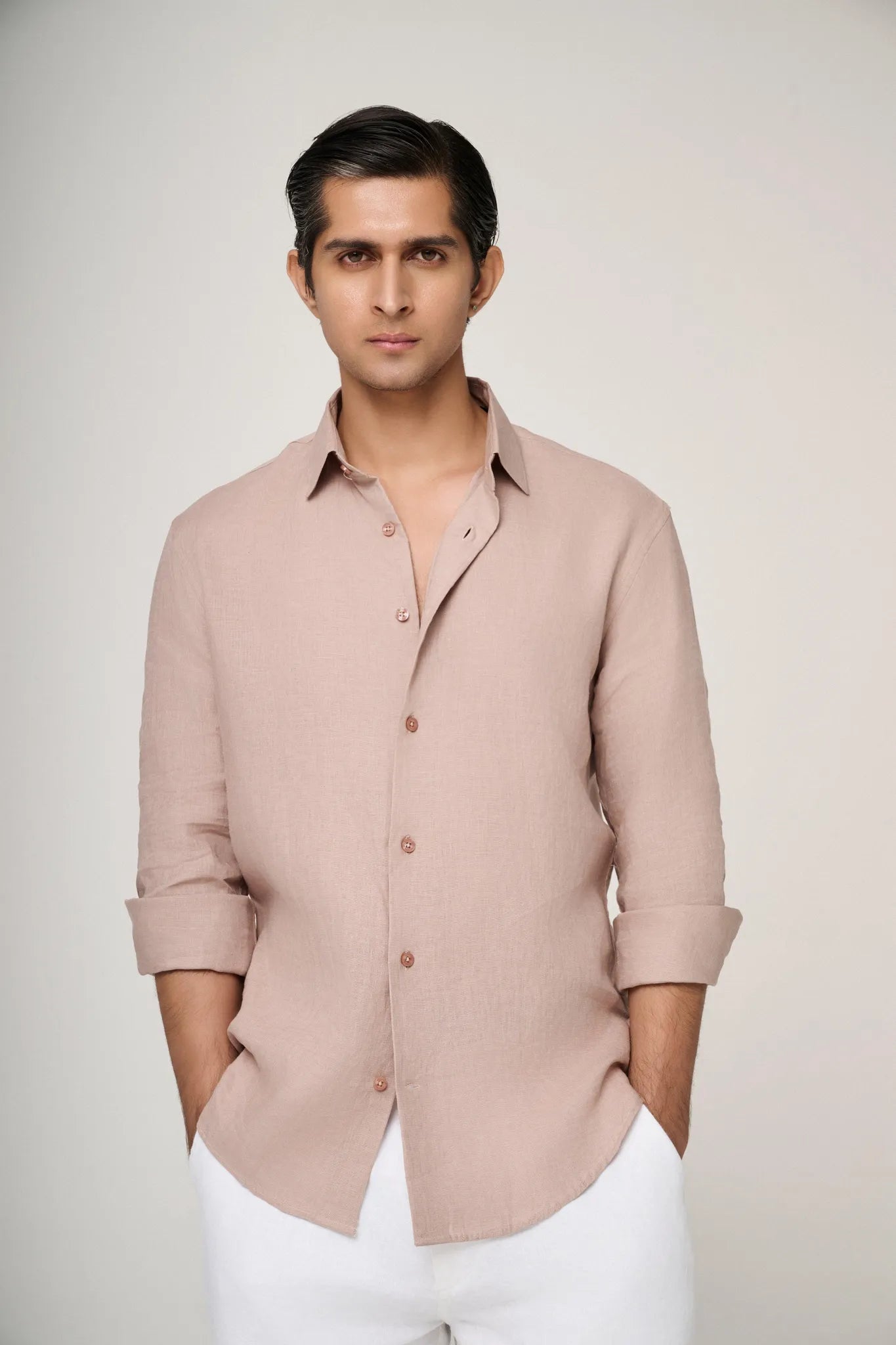 camel linen shirt detail of buttons and collar