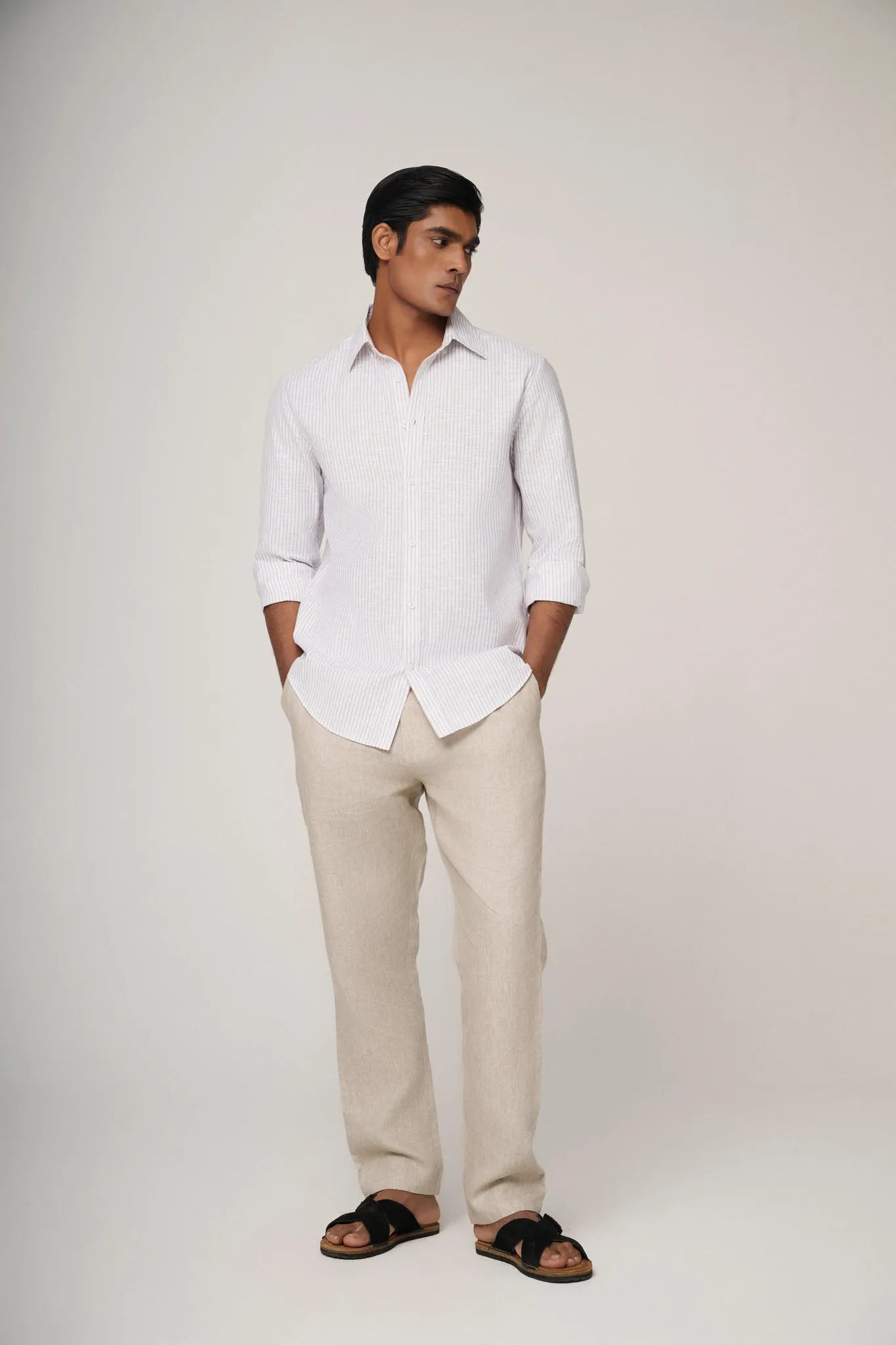 Blue striped linen shirts paired with chinos.