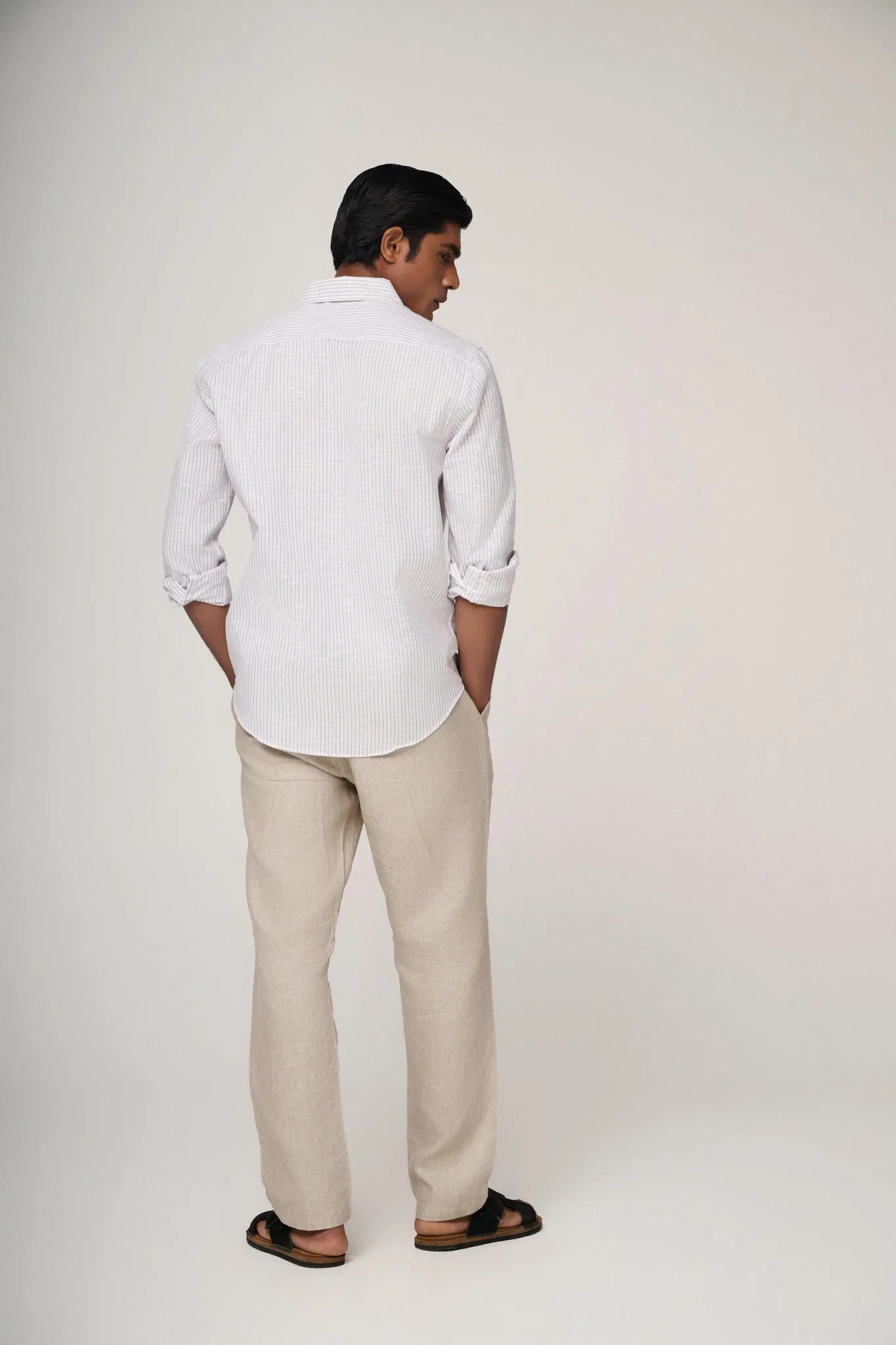 back view of blue striped linen shirt