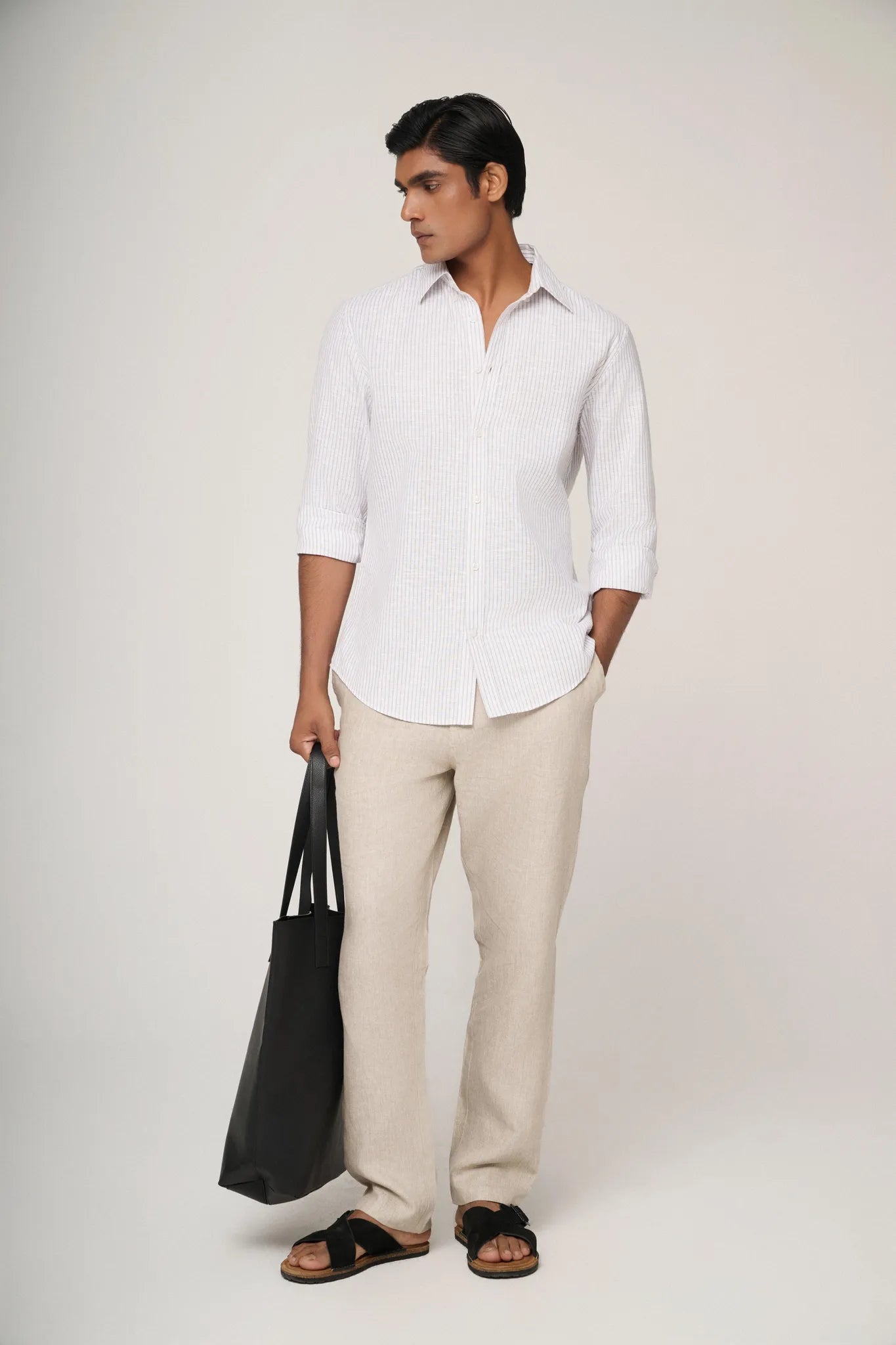 breathable blue striped linen shirt front view.