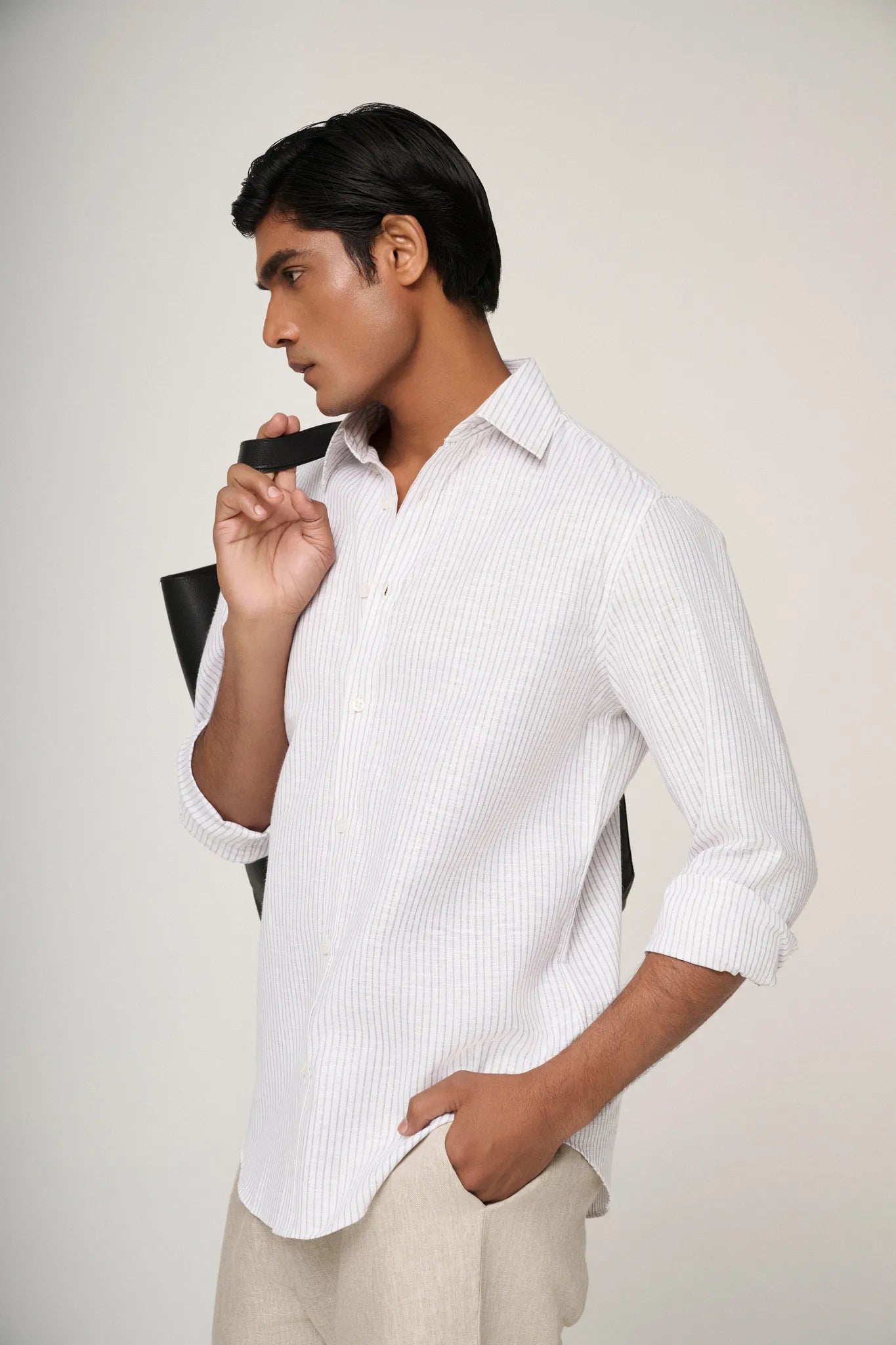 classic blue striped linen shirt.