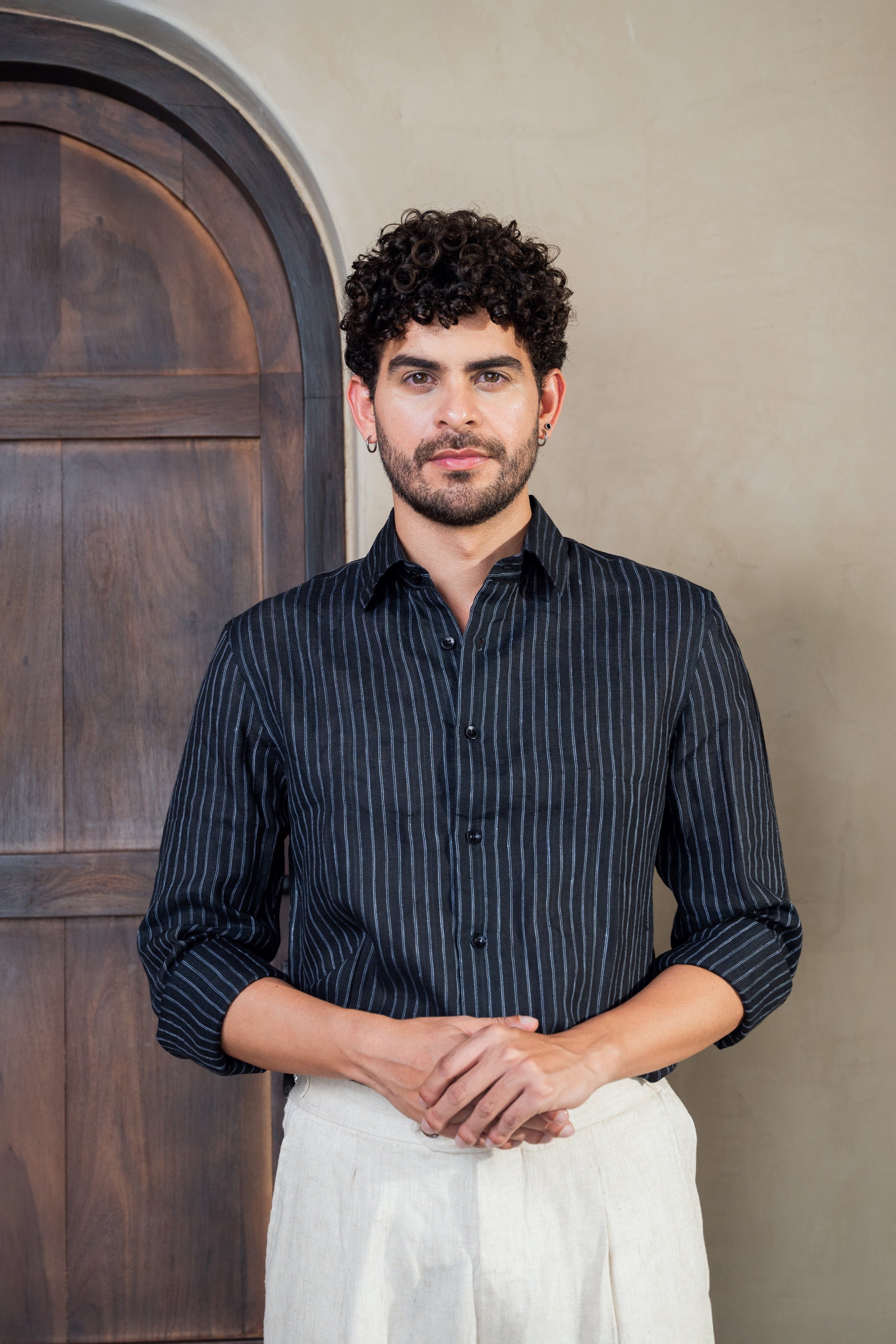 100% linen black pinstripe shirt