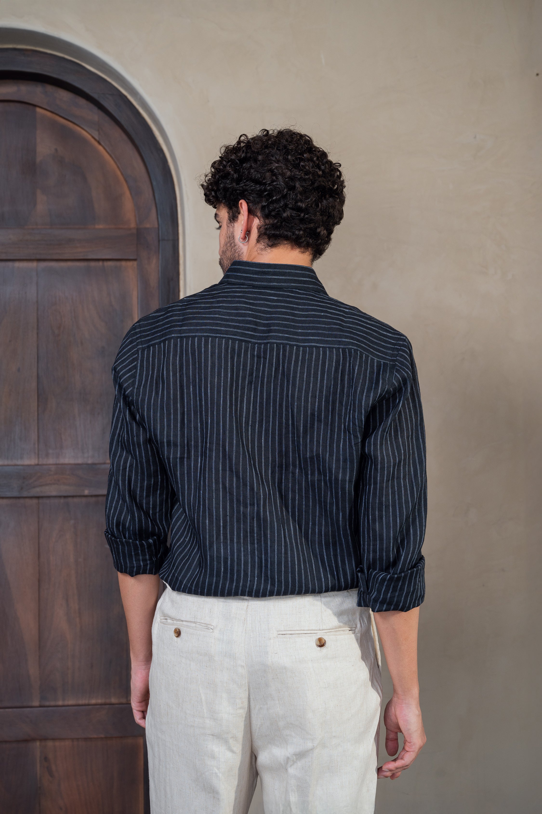 100% linen black pinstripe shirt