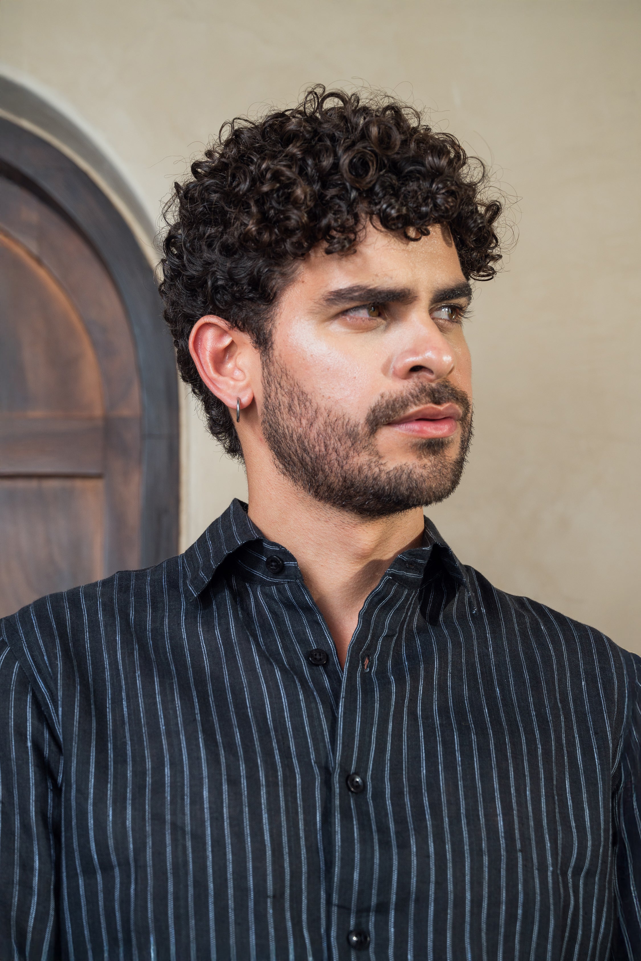 100% linen black pinstripe shirt