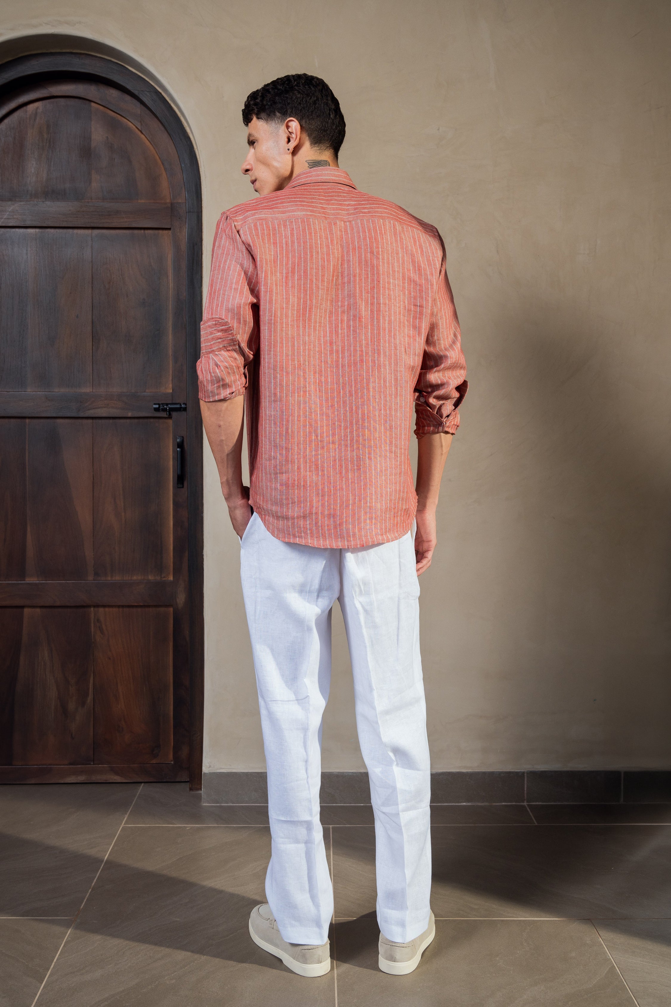 Terracotta Striped 100% Linen Shirt