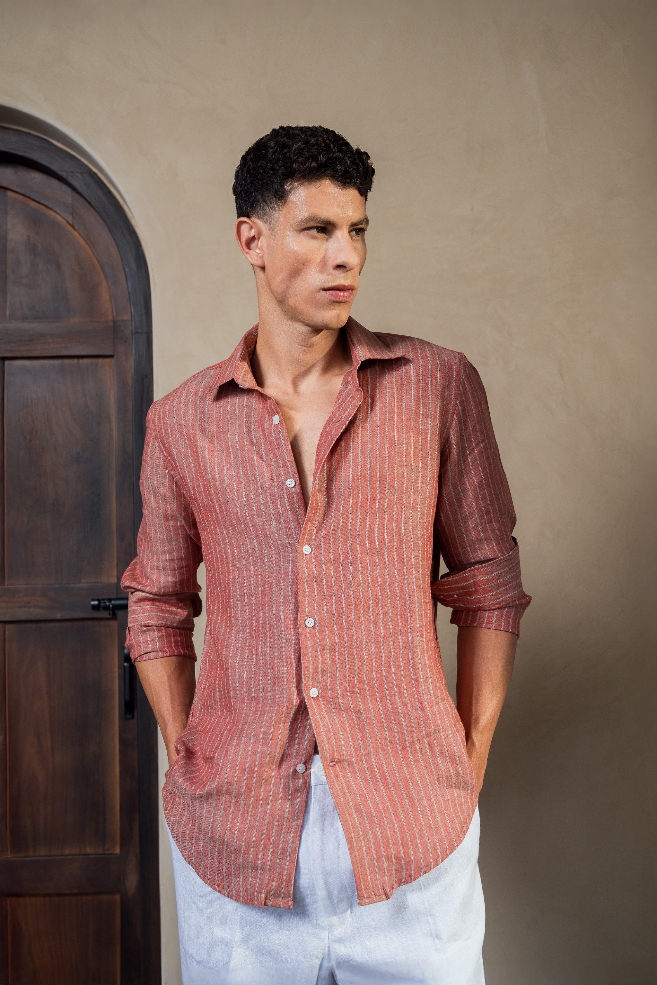 Terracotta Striped 100% Linen Shirt
