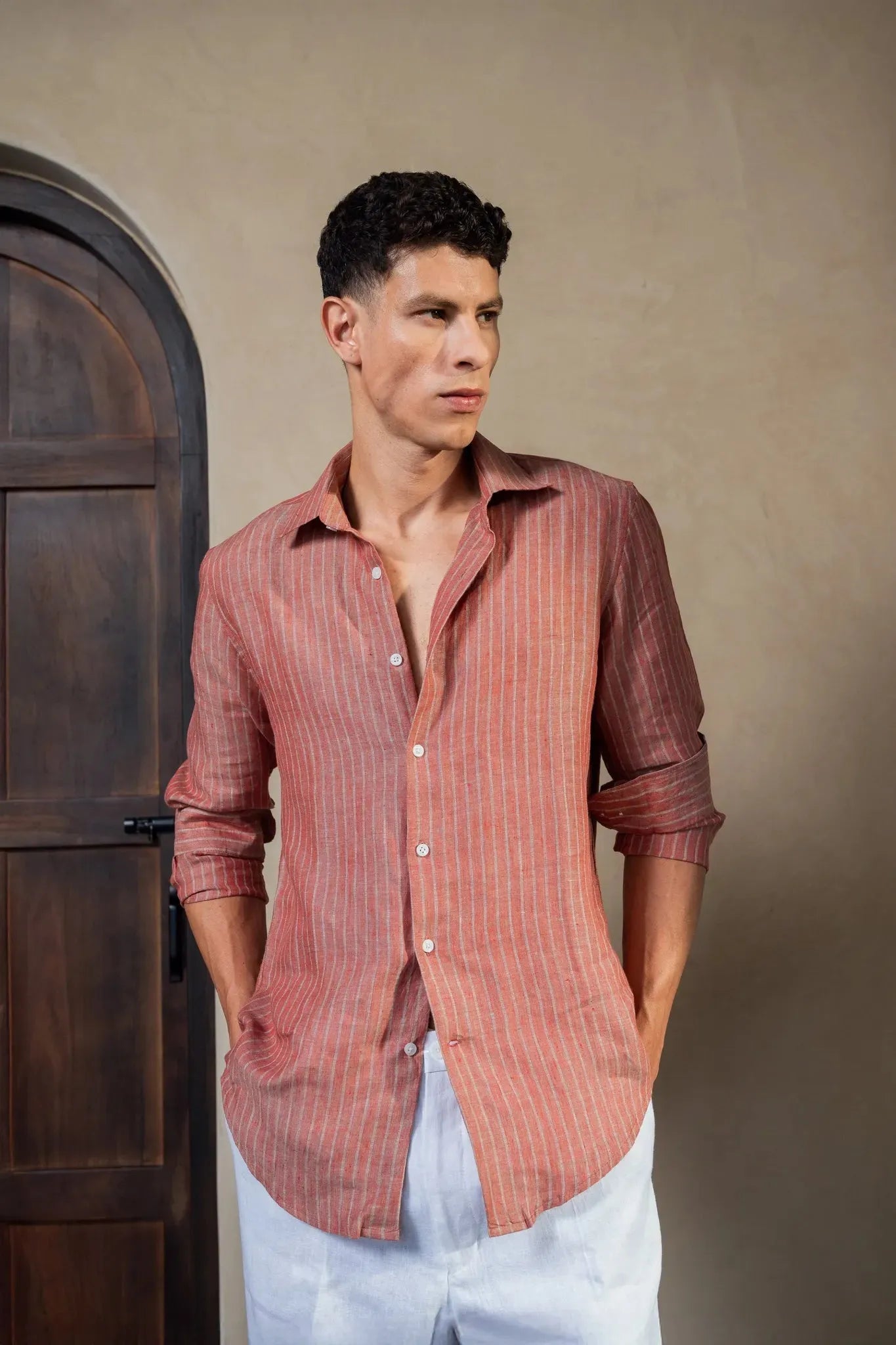 Terracotta Striped 100% Linen Shirt