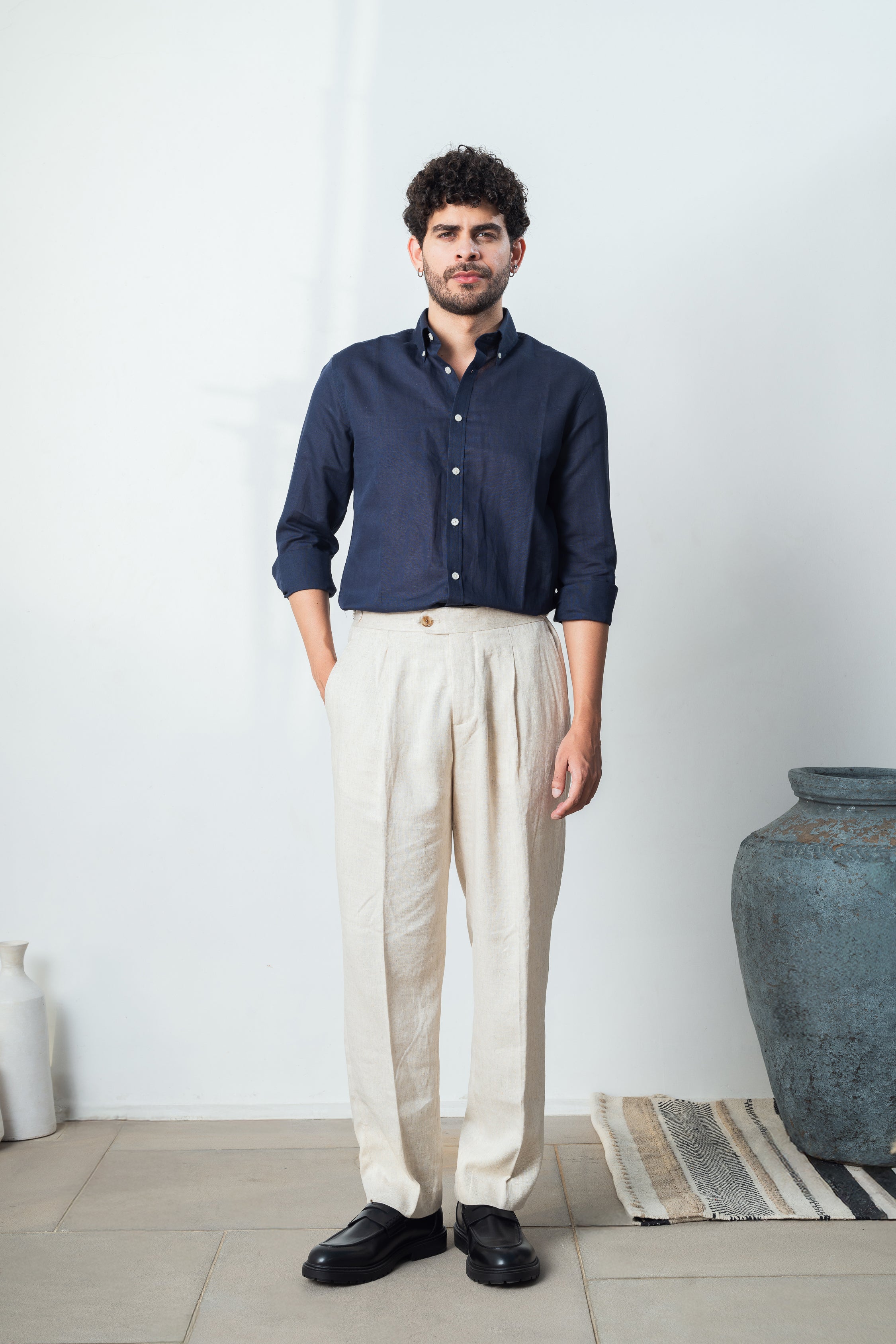 Navy Blue Linen Blend Shirt