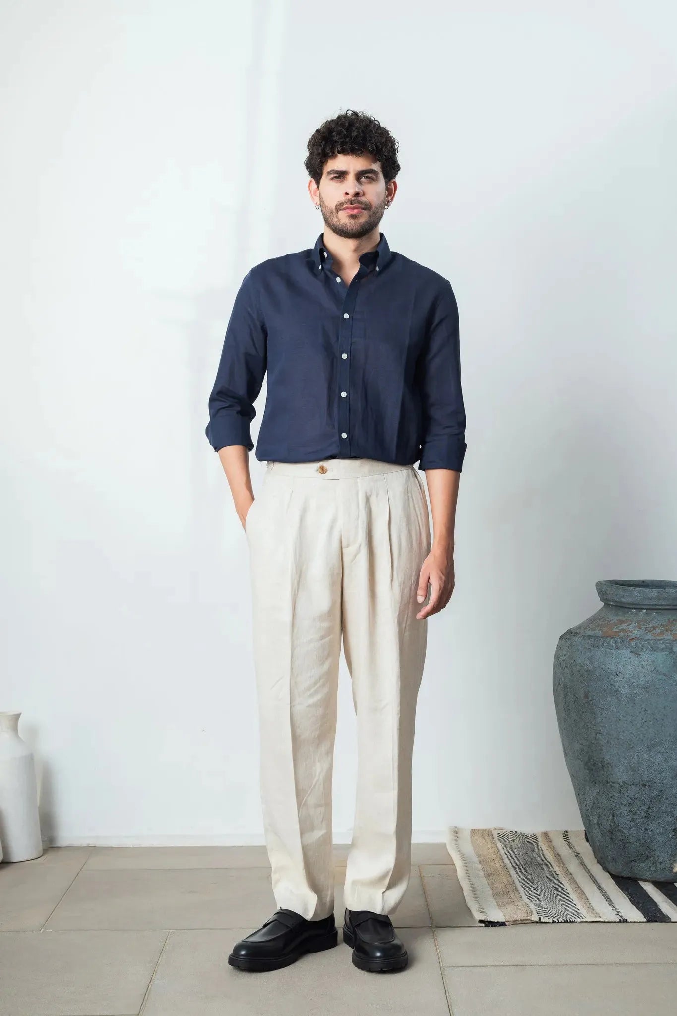 Navy Blue Linen Blend Shirt