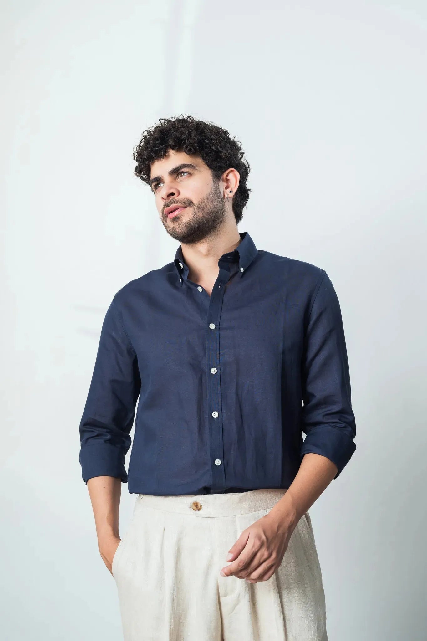 Navy Blue Linen Blend Shirt
