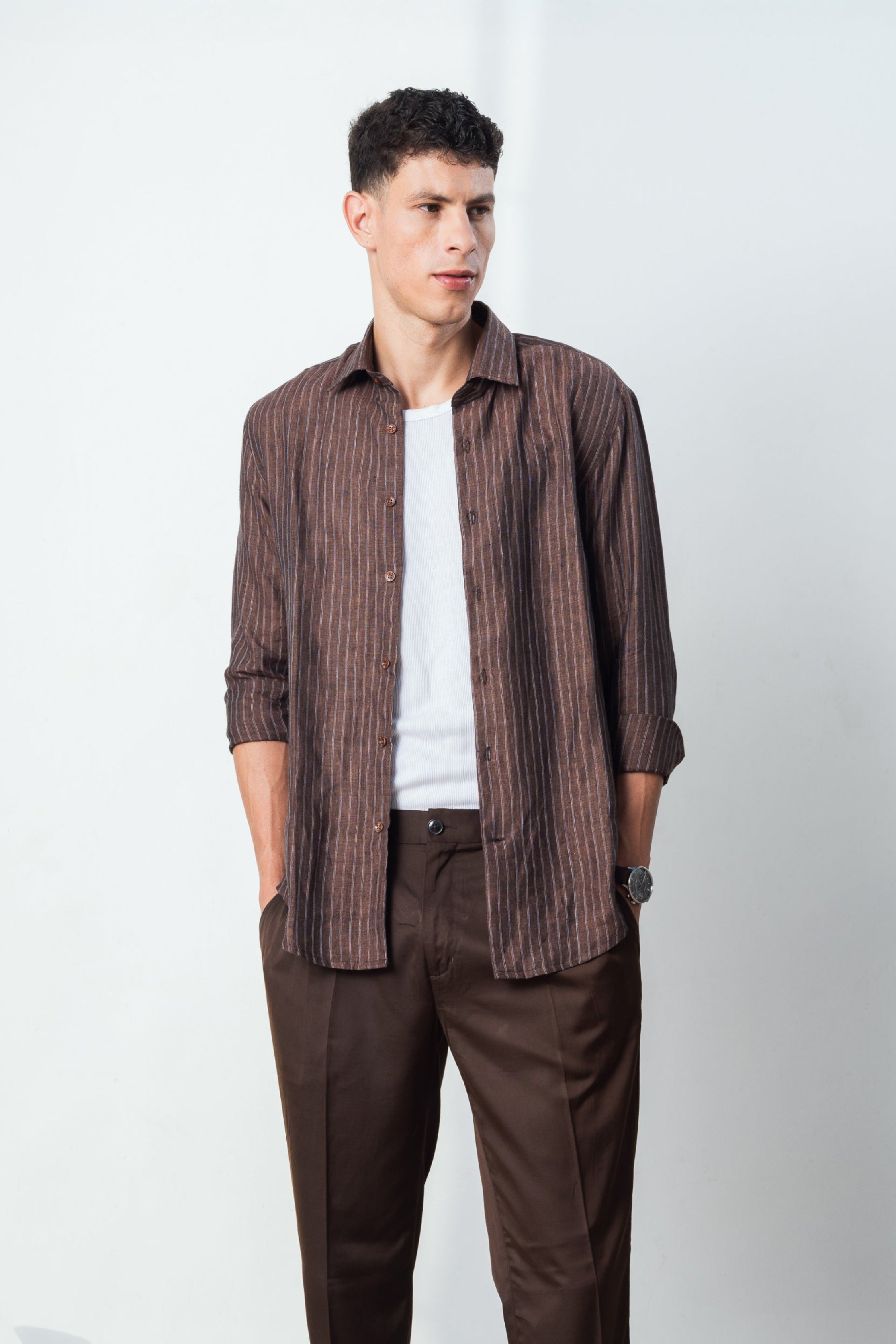 100% coffee brown strip shirt