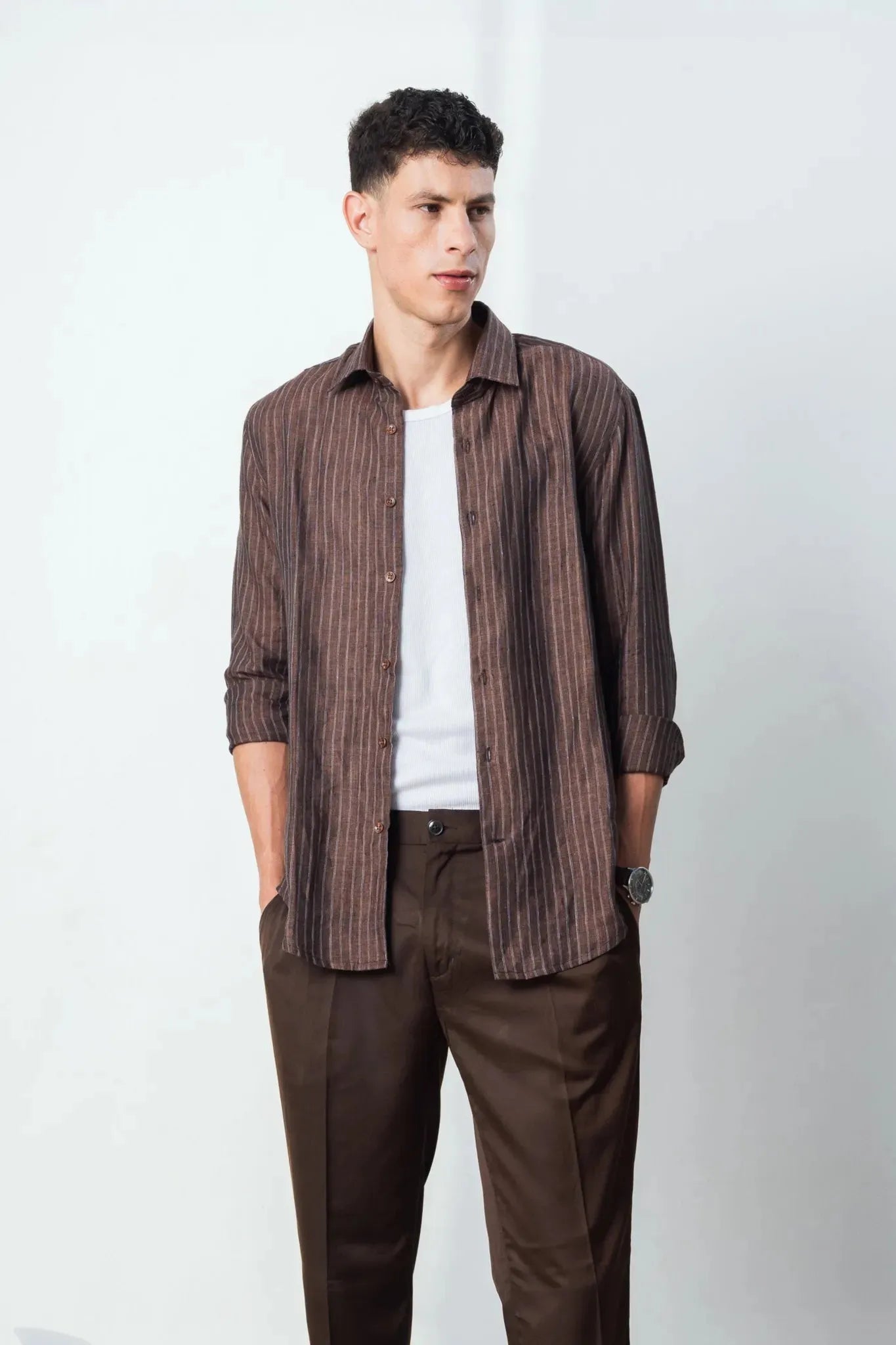 100% linen coffee brown strip shirt
