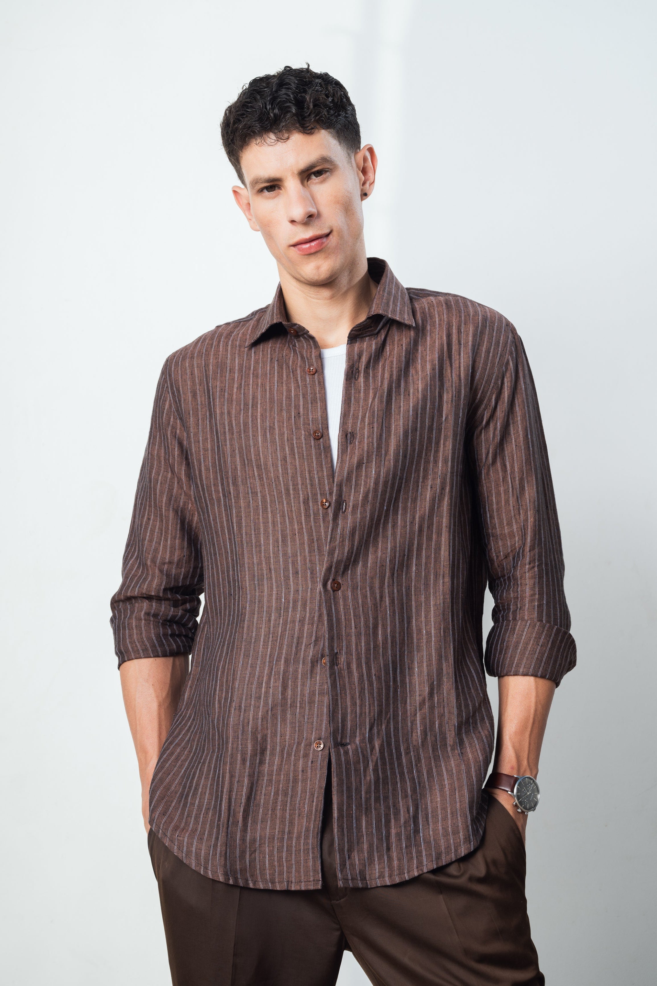 100% coffee brown strip shirt