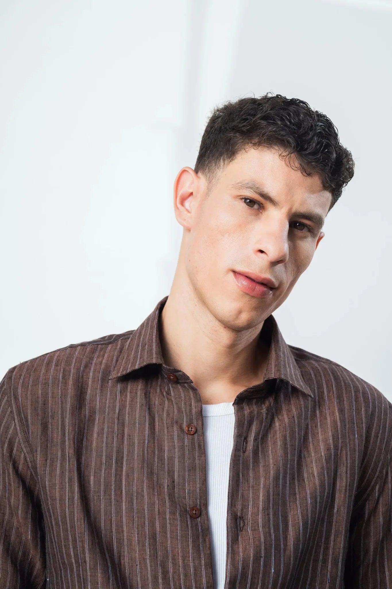 100% linen coffee brown strip shirt