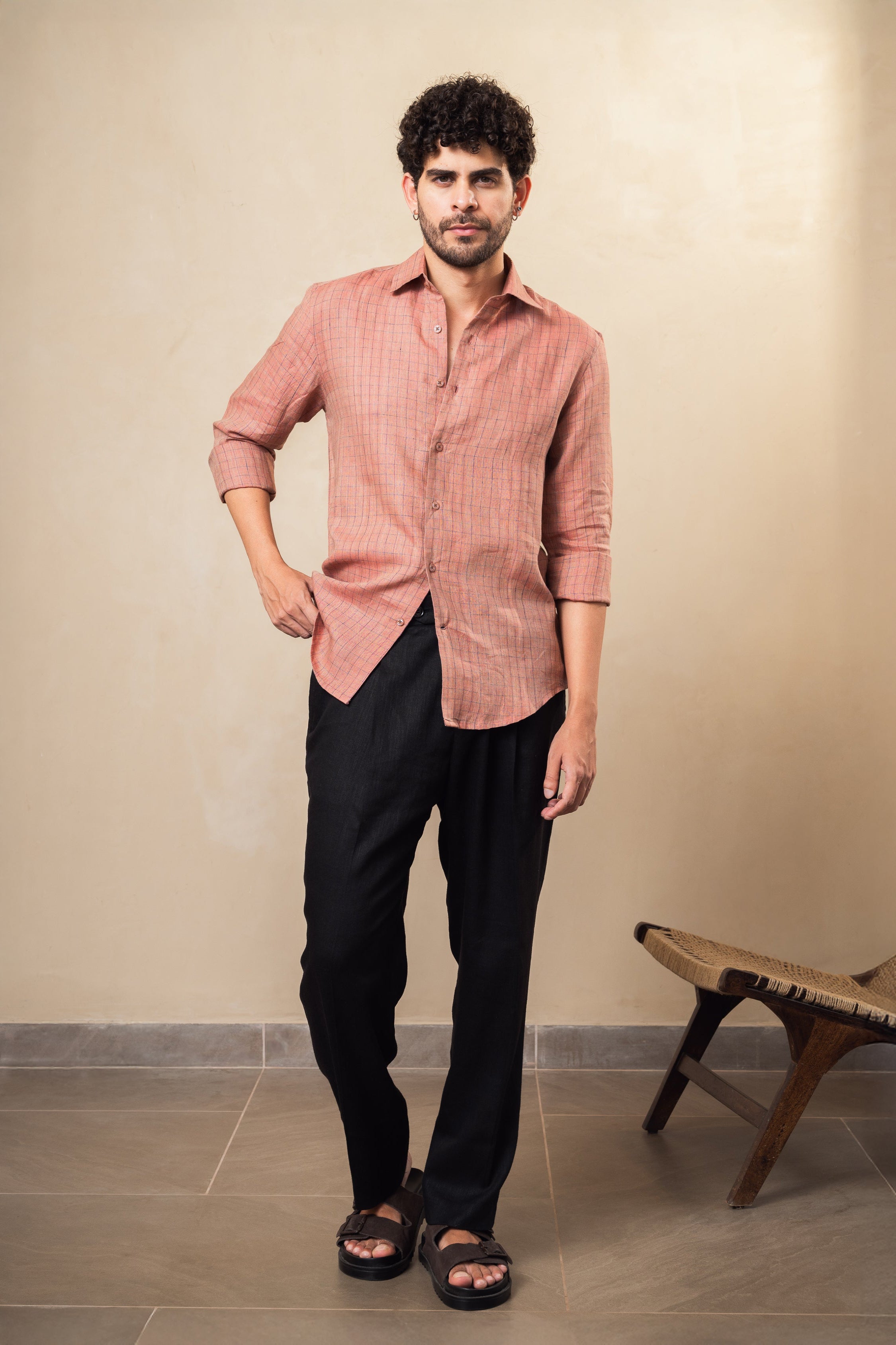 100% linen old rose check shirt