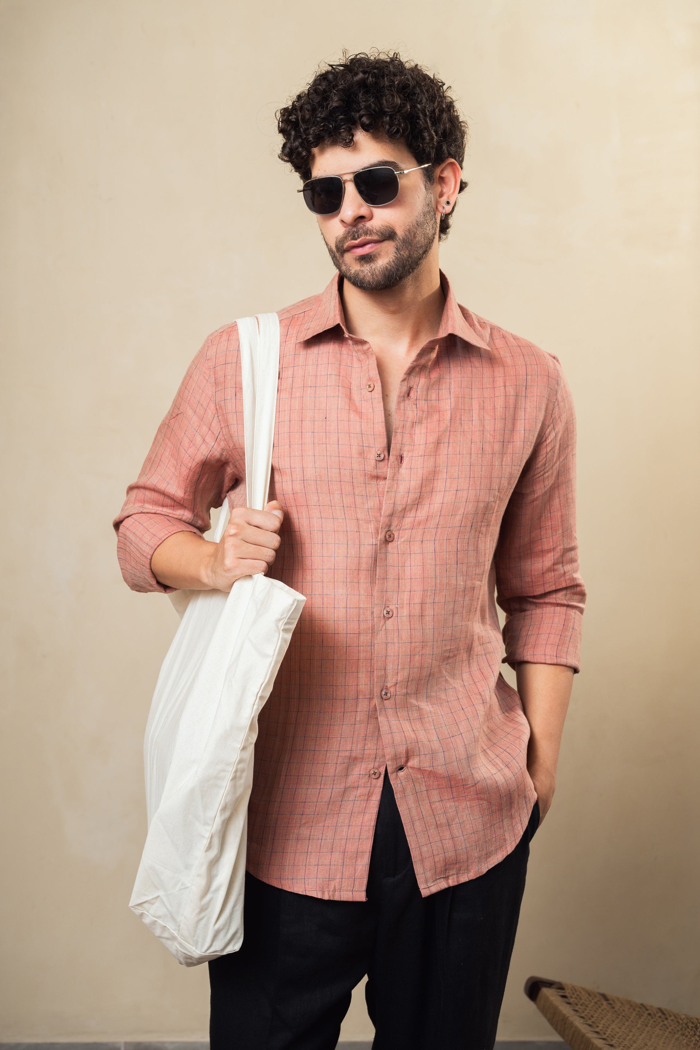 100% linen old rose check shirt