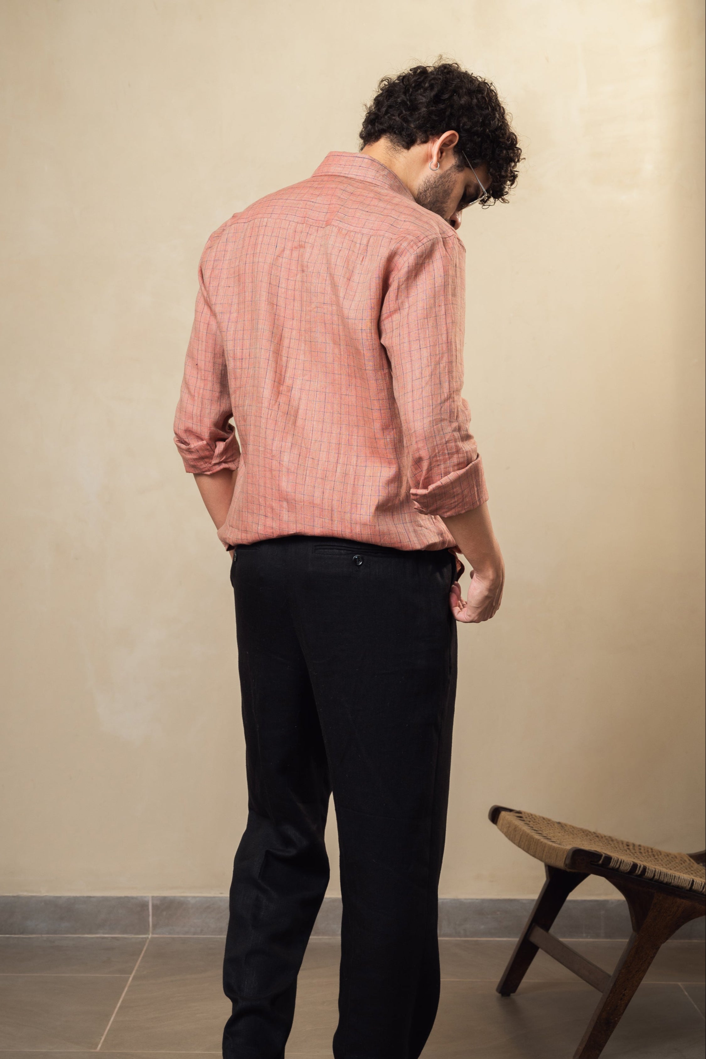 100% linen old rose check shirt