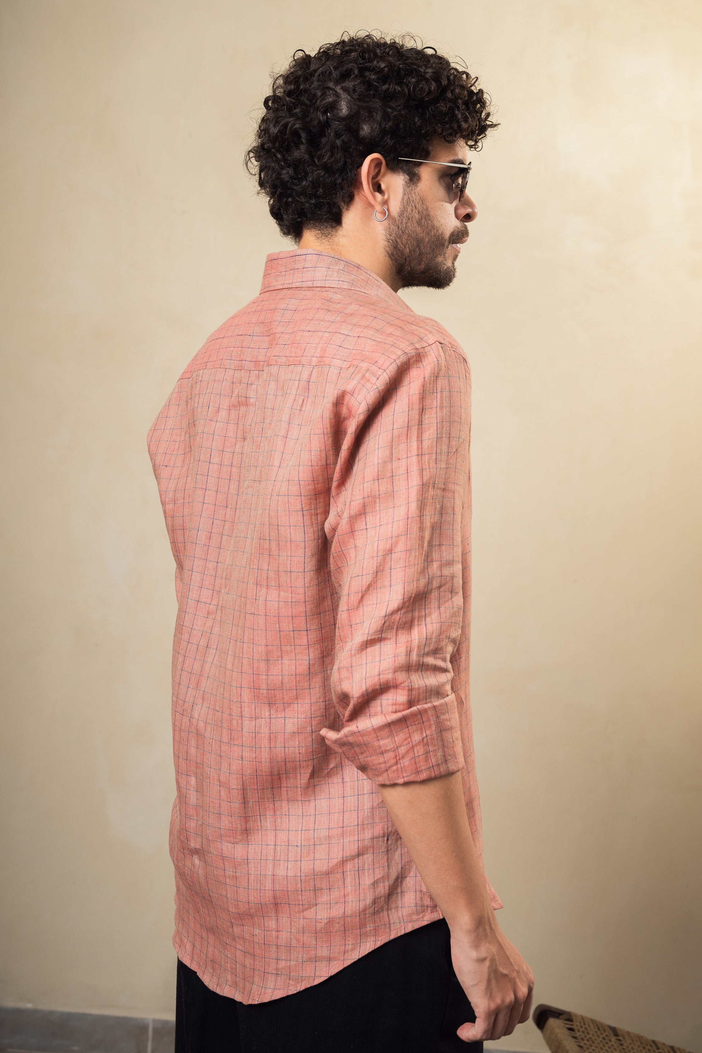 100% linen old rose check shirt