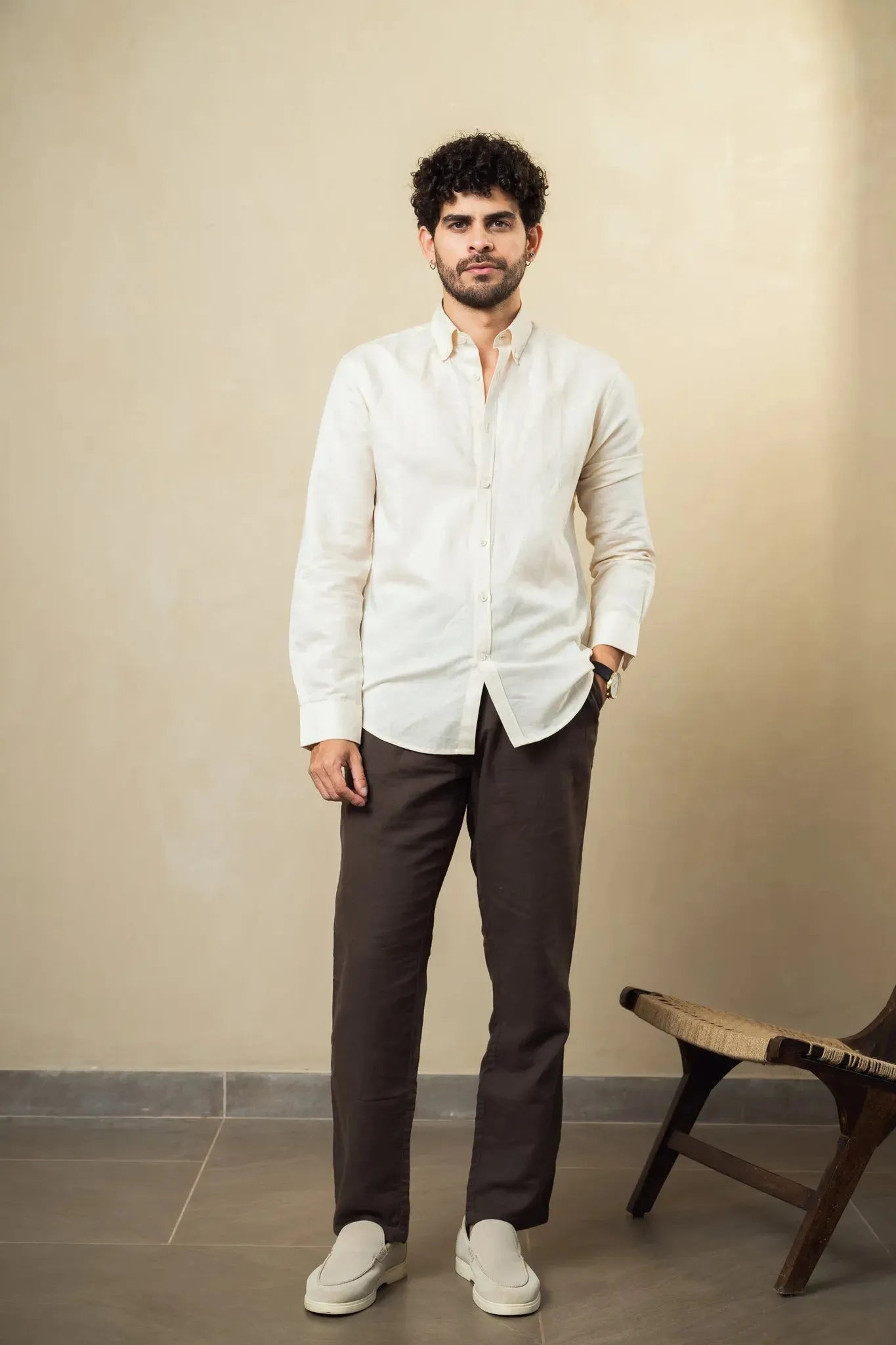 beige linen blend button down shirt