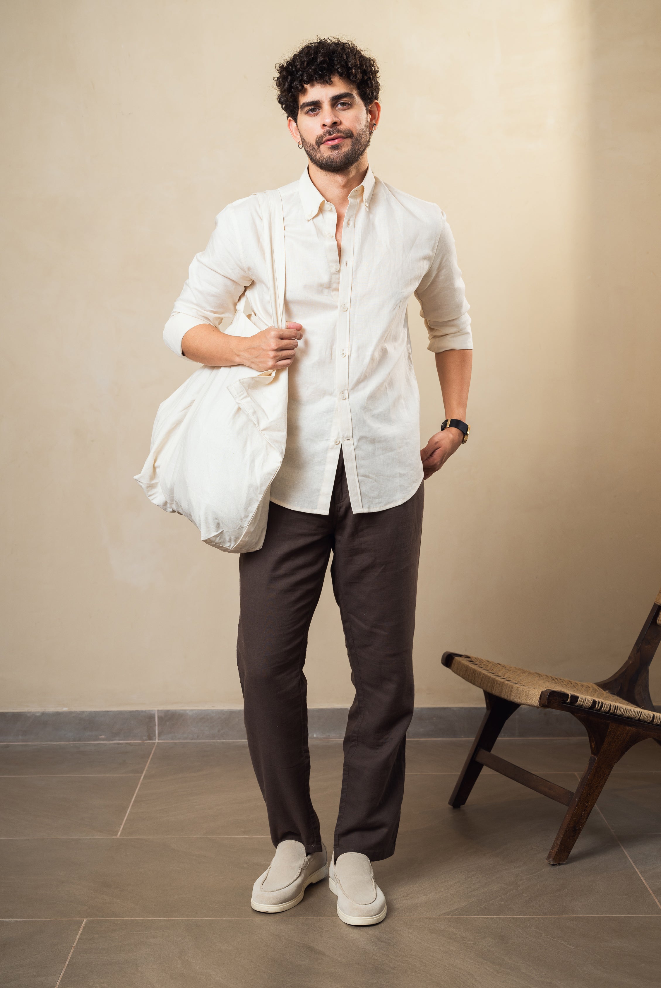 beige linen blend button down shirt