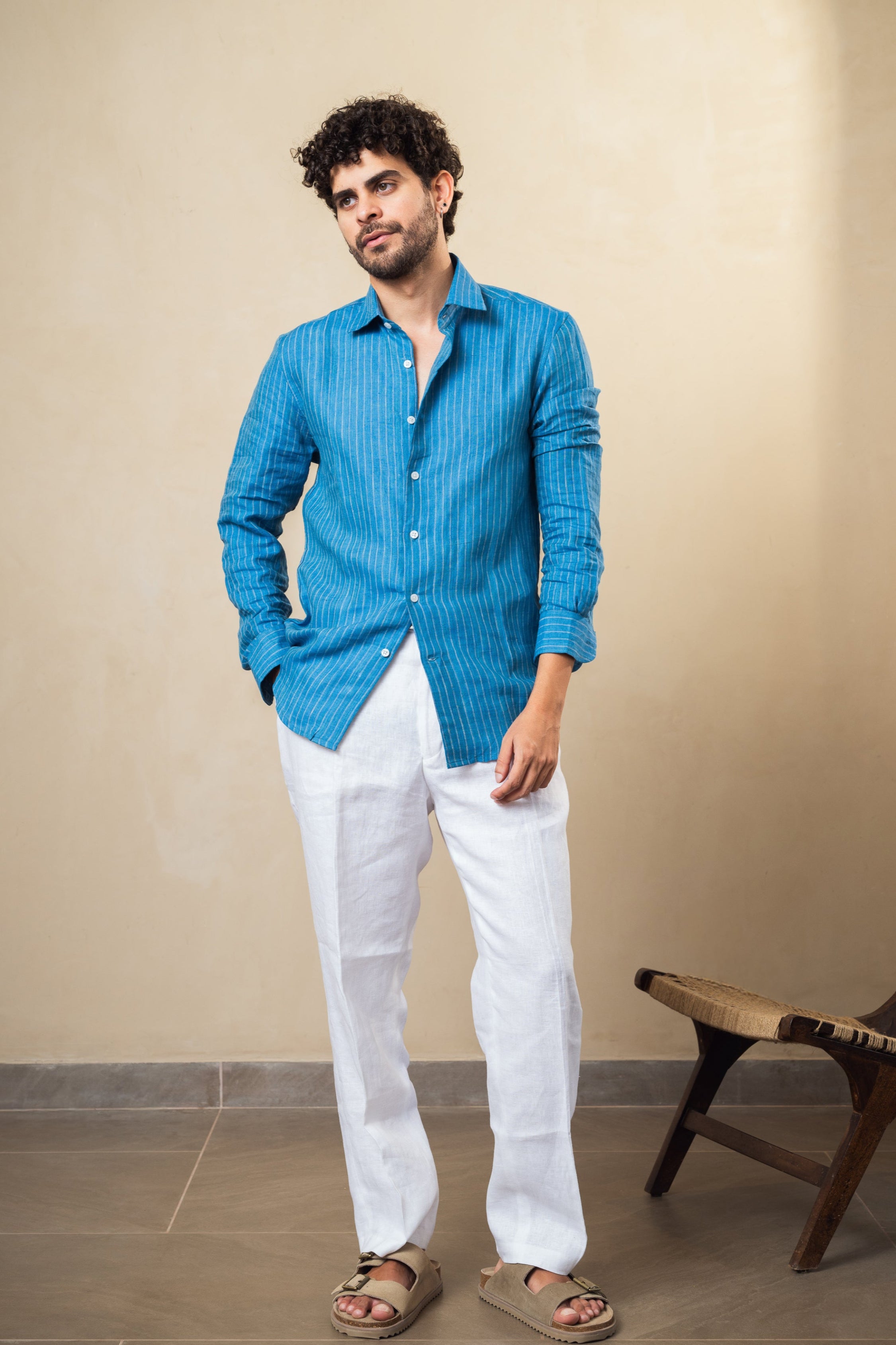 100% linen dusky blue strip shirt