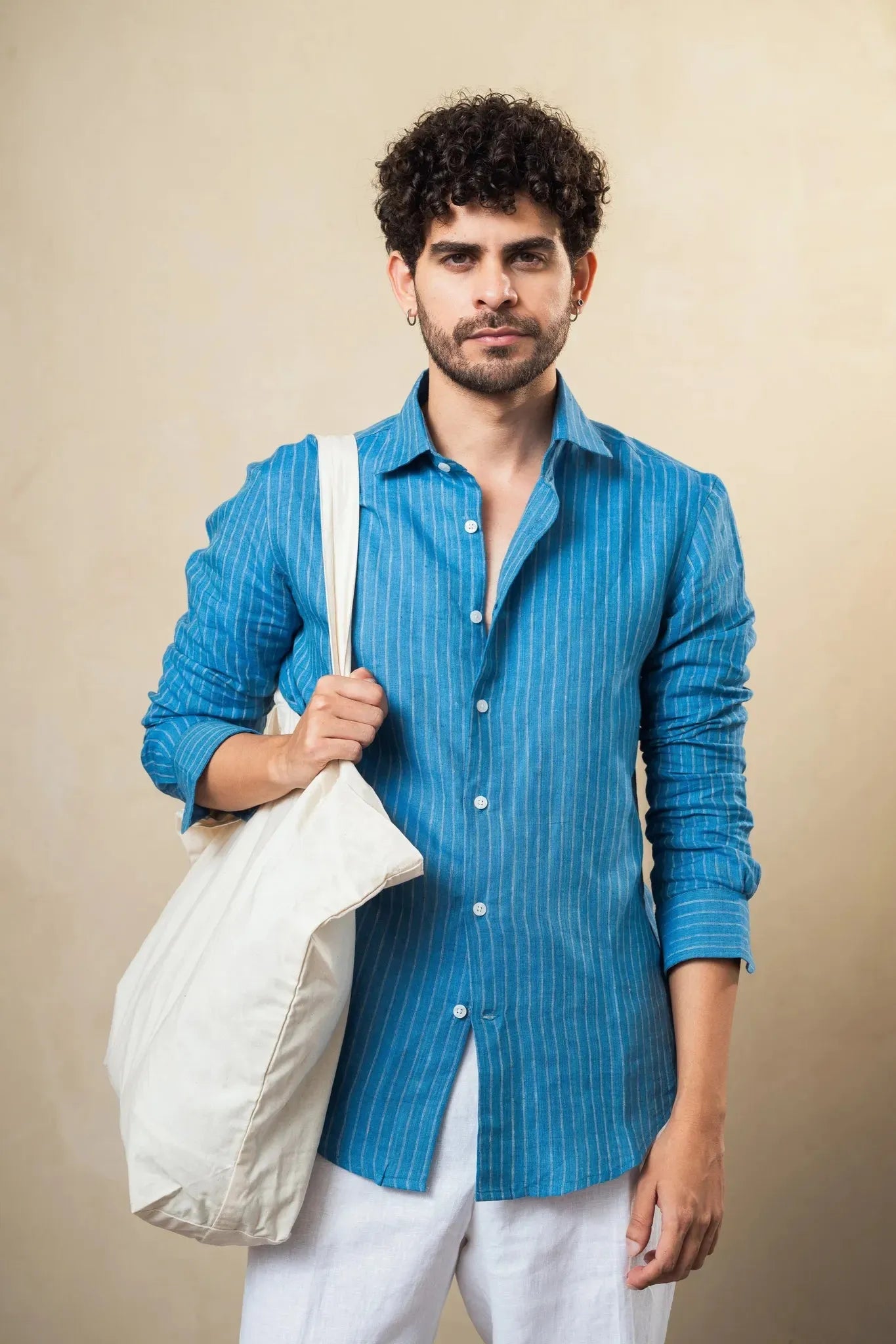 100% linen dusky blue strip shirt
